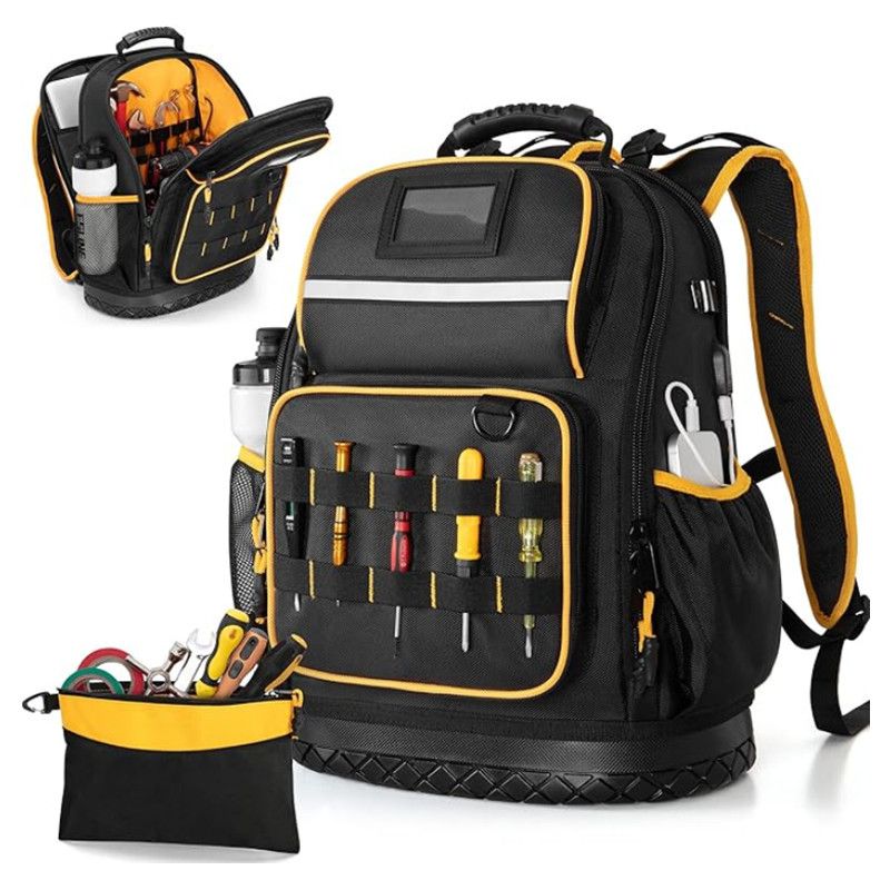 Heavy Duty Professional Tool Backpack - 18 Inch Large Capacity - Waterproof Solid Rubber Base, Multi-Pocket Organiser and Reflective Strips for Electricians, HVAC and Trades