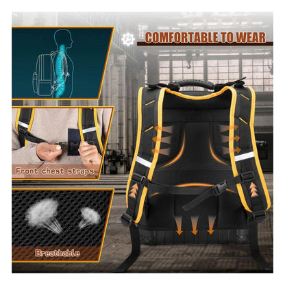 Heavy Duty Professional Tool Backpack - 18 Inch Large Capacity - Waterproof Solid Rubber Base, Multi-Pocket Organiser and Reflective Strips for Electricians, HVAC and Trades