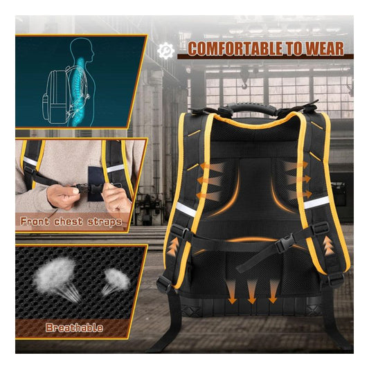 Heavy Duty Professional Tool Backpack - 18 Inch Large Capacity - Waterproof Solid Rubber Base, Multi-Pocket Organiser and Reflective Strips for Electricians, HVAC and Trades