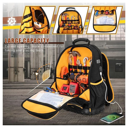 Heavy Duty Professional Tool Backpack - 18 Inch Large Capacity - Waterproof Solid Rubber Base, Multi-Pocket Organiser and Reflective Strips for Electricians, HVAC and Trades