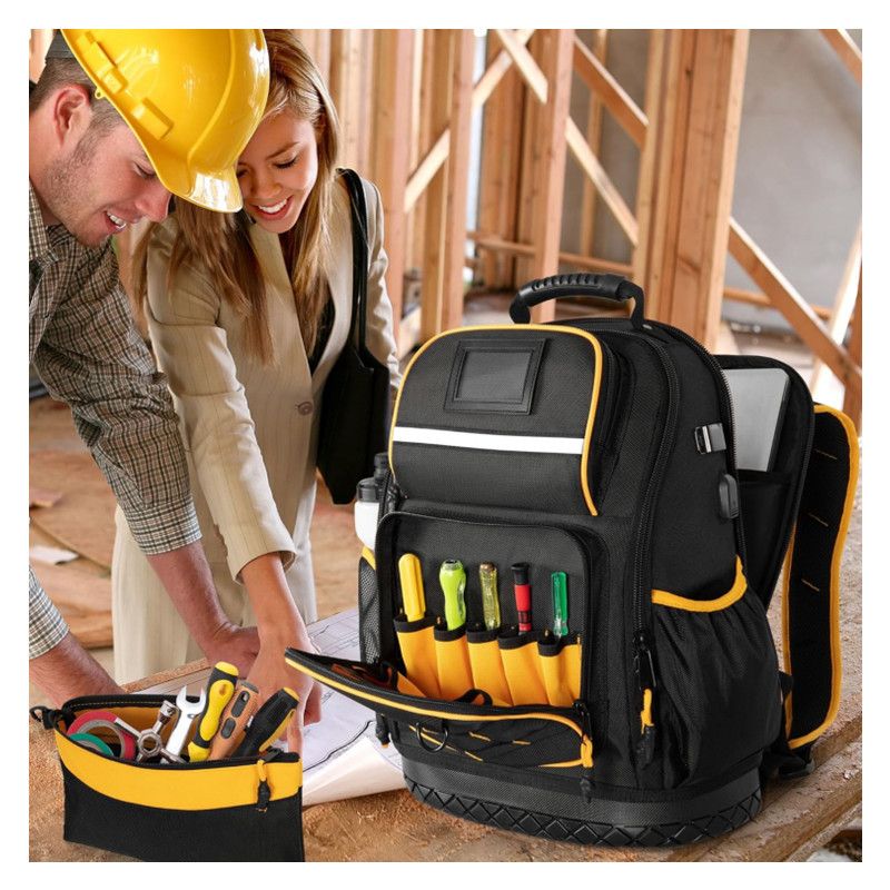 Heavy Duty Professional Tool Backpack - 18 Inch Large Capacity - Waterproof Solid Rubber Base, Multi-Pocket Organiser and Reflective Strips for Electricians, HVAC and Trades