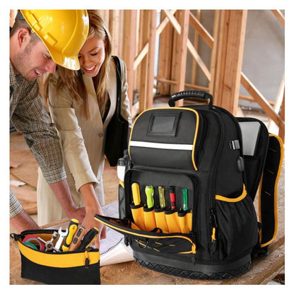 Heavy Duty Professional Tool Backpack - 18 Inch Large Capacity - Waterproof Solid Rubber Base, Multi-Pocket Organiser and Reflective Strips for Electricians, HVAC and Trades