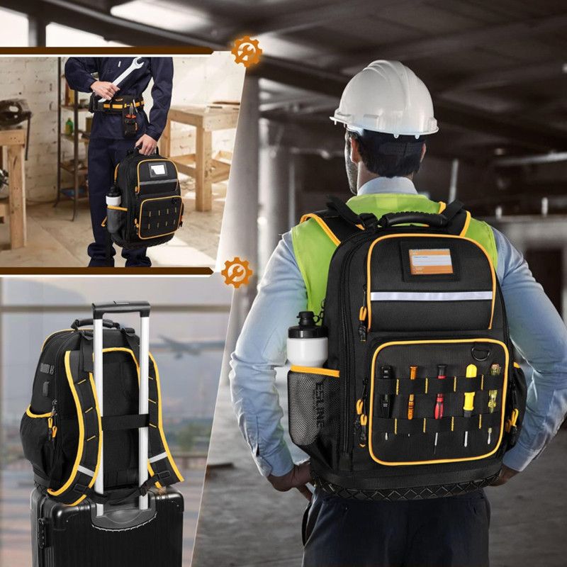 Heavy Duty Professional Tool Backpack - 18 Inch Large Capacity - Waterproof Solid Rubber Base, Multi-Pocket Organiser and Reflective Strips for Electricians, HVAC and Trades