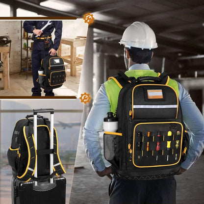 Heavy Duty Professional Tool Backpack - 18 Inch Large Capacity - Waterproof Solid Rubber Base, Multi-Pocket Organiser and Reflective Strips for Electricians, HVAC and Trades