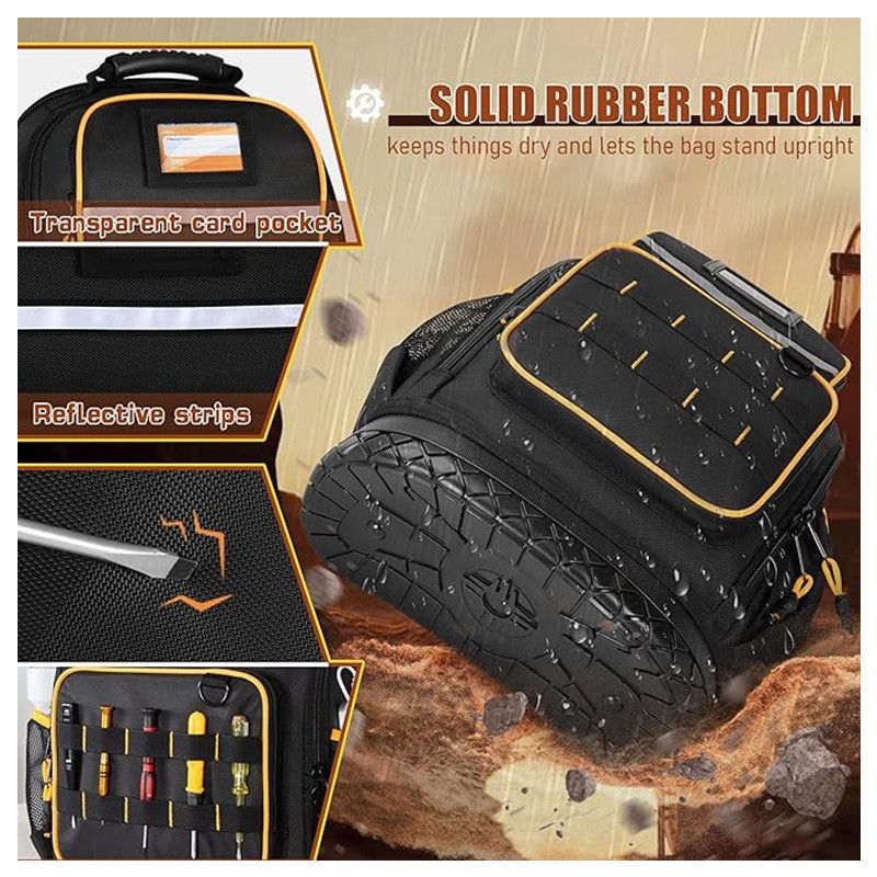 Heavy Duty Professional Tool Backpack - 18 Inch Large Capacity - Waterproof Solid Rubber Base, Multi-Pocket Organiser and Reflective Strips for Electricians, HVAC and Trades