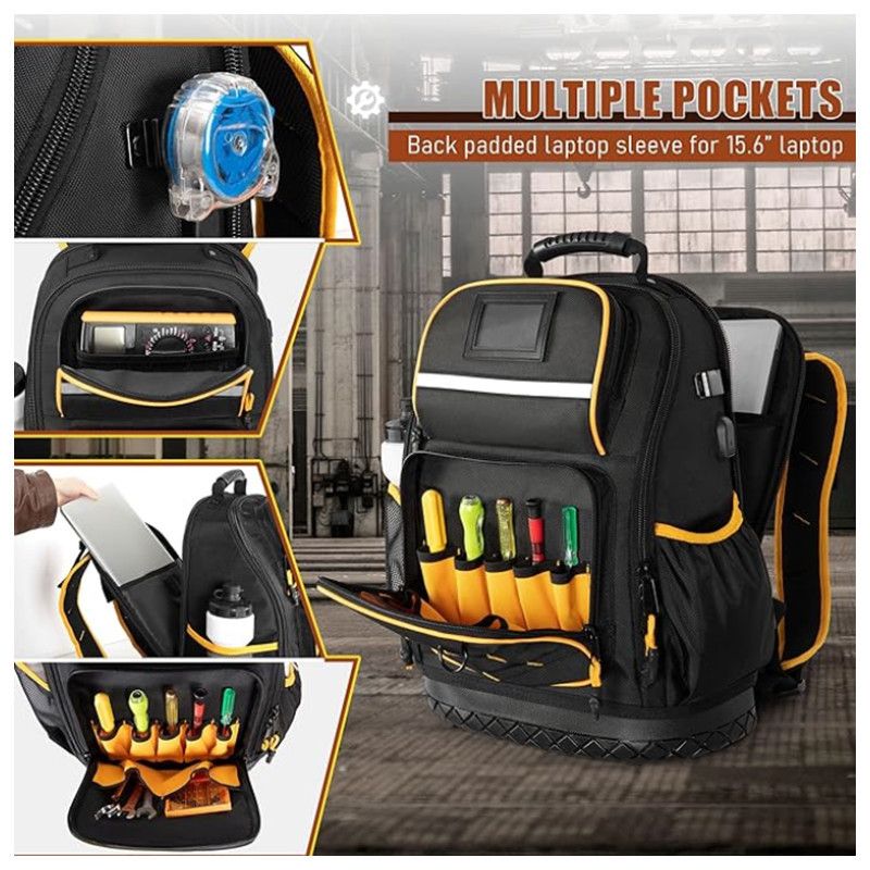 Heavy Duty Professional Tool Backpack - 18 Inch Large Capacity - Waterproof Solid Rubber Base, Multi-Pocket Organiser and Reflective Strips for Electricians, HVAC and Trades