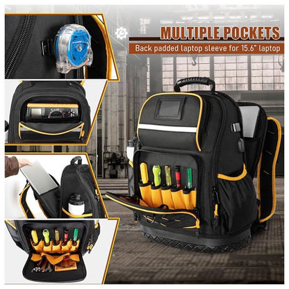 Heavy Duty Professional Tool Backpack - 18 Inch Large Capacity - Waterproof Solid Rubber Base, Multi-Pocket Organiser and Reflective Strips for Electricians, HVAC and Trades