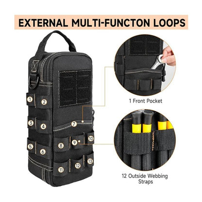 Tactical Tool Pouch Organizer - Heavy Duty Oxford Cloth - Compact MOLLE Utility Bag with Adjustable Shoulder Strap for EDC Small Hand Tools and Outdoor Gear - 12 Inch Black