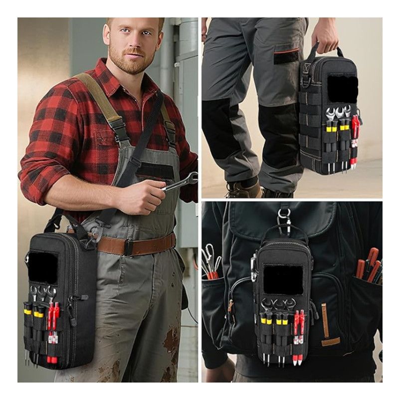 Tactical Tool Pouch Organizer - Heavy Duty Oxford Cloth - Compact MOLLE Utility Bag with Adjustable Shoulder Strap for EDC Small Hand Tools and Outdoor Gear - 12 Inch Black