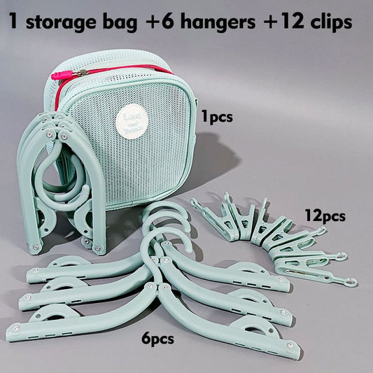 Portable Folding Travel Hangers Set - 19 Piece Laundry Kit with 6 Adjustable Hangers 12 Clips and Storage Bag - Space Saving Design for Caravanning Camping and Student Dorms - Sky Blue
