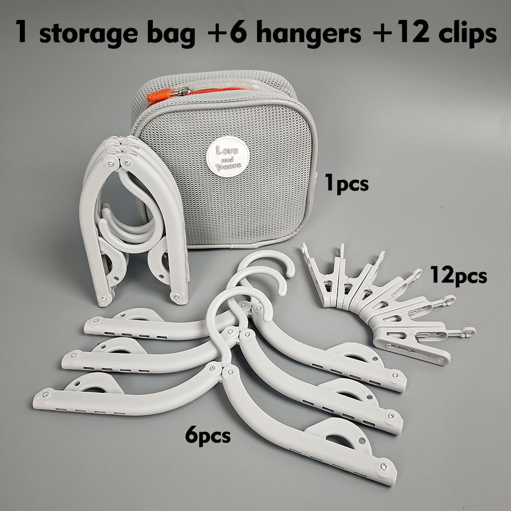 Portable Folding Travel Hangers Set - 19 Piece Laundry Kit with 6 Adjustable Hangers 12 Clips and Storage Bag - Space Saving Design for Caravanning Camping and Student Dorms - Gray