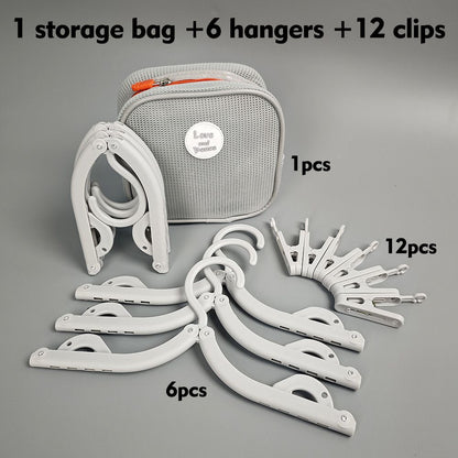 Portable Folding Travel Hangers Set - 19 Piece Laundry Kit with 6 Adjustable Hangers 12 Clips and Storage Bag - Space Saving Design for Caravanning Camping and Student Dorms - Gray