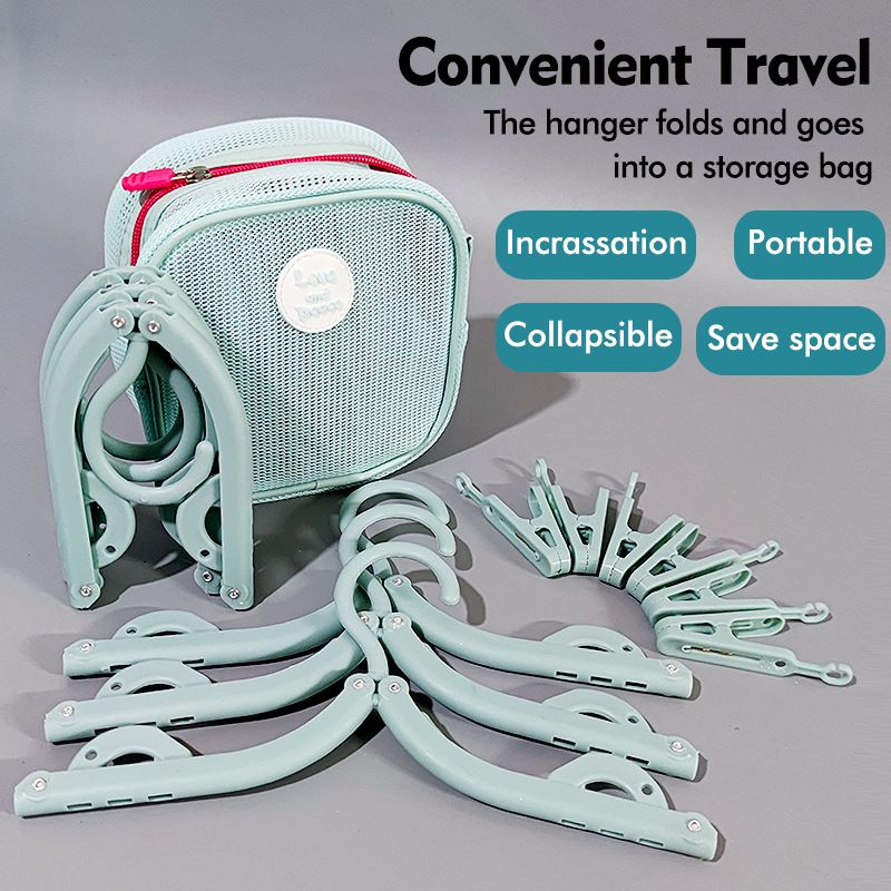 Portable Folding Travel Hangers Set - 19 Piece Laundry Kit with 6 Adjustable Hangers 12 Clips and Storage Bag - Space Saving Design for Caravanning Camping and Student Dorms - Gray