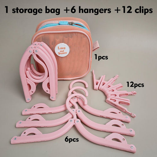 Portable Folding Travel Hangers Set - 19 Piece Laundry Kit with 6 Adjustable Hangers 12 Clips and Storage Bag - Space Saving Design for Caravanning Camping and Student Dorms - Pink
