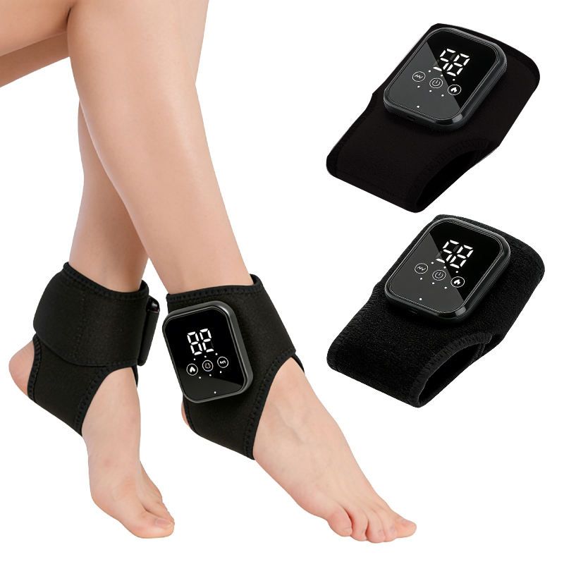 Electric Ankle Massager with Heat and Vibration - 2 Pack Black - Rechargeable Cordless Joint Support Brace with LED Touchscreen for Pain Relief Achilles Tendonitis and Recovery