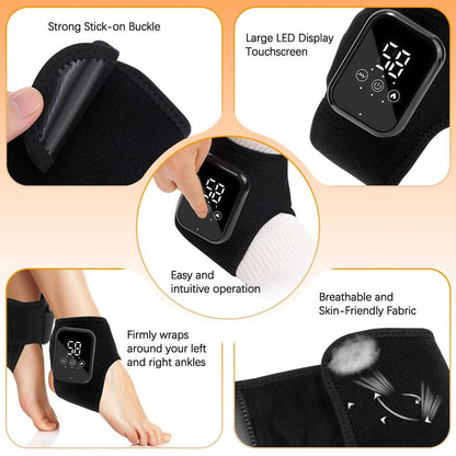 Electric Ankle Massager with Heat and Vibration - 2 Pack Black - Rechargeable Cordless Joint Support Brace with LED Touchscreen for Pain Relief Achilles Tendonitis and Recovery