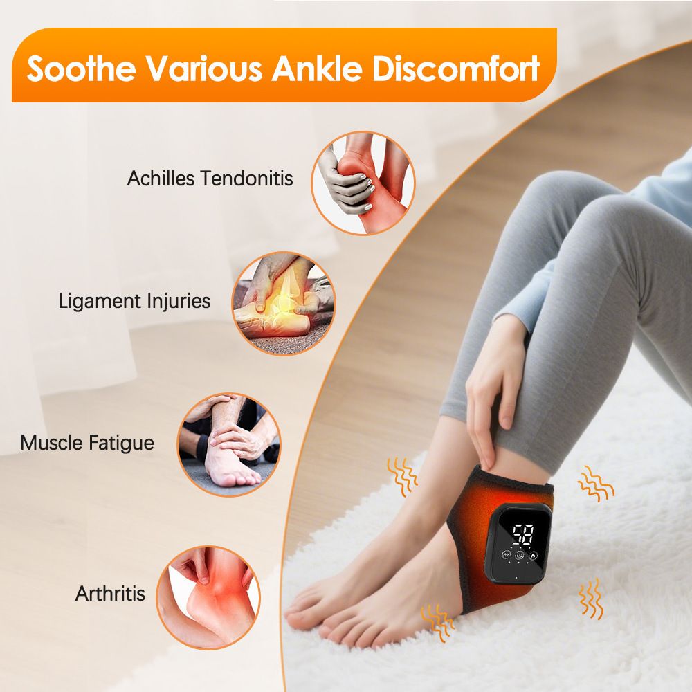 Electric Ankle Massager with Heat and Vibration - 2 Pack Black - Rechargeable Cordless Joint Support Brace with LED Touchscreen for Pain Relief Achilles Tendonitis and Recovery