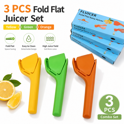 Manual Citrus Juicer 3 Piece Fold Flat Lemon Squeezer Set - Handheld Plastic Fruit Press, Space Saving Easy Clean Kitchen Juicer for Lemon, Lime and Orange