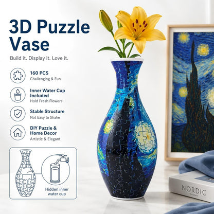 3D Puzzle Vase 160 Piece DIY Flower Vase Kit - Starry Sky Art, Reusable Inner Water Cup, Stable Decorative Display for Home, Office and Gift Giving
