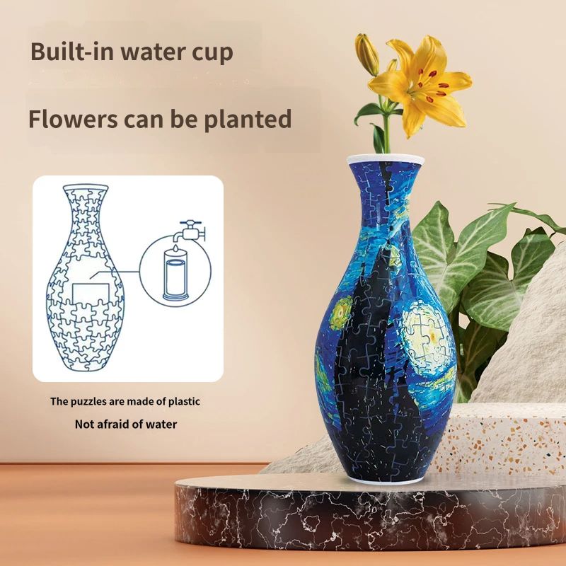 3D Puzzle Vase 160 Piece DIY Flower Vase Kit - Starry Sky Art, Reusable Inner Water Cup, Stable Decorative Display for Home, Office and Gift Giving