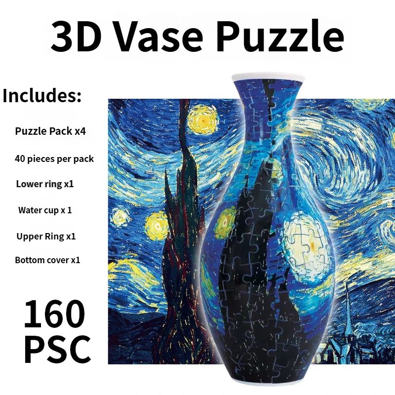 3D Puzzle Vase 160 Piece DIY Flower Vase Kit - Starry Sky Art, Reusable Inner Water Cup, Stable Decorative Display for Home, Office and Gift Giving