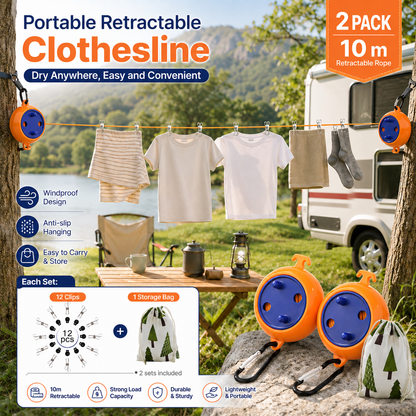 Orange Retractable Travel Clothesline 2 Pack - 10 m Portable Wind Resistant Anti Slip Washing Line with Rotary Storage for Camping, Caravans, Hotels and Outdoor Trips