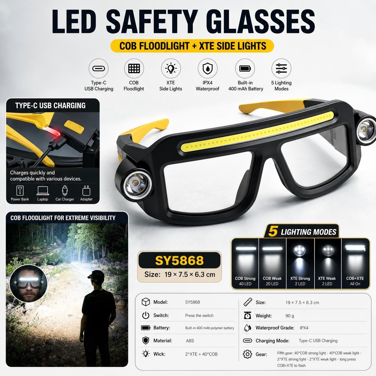 LED Glasses Light Rechargeable USB-C - Yellow Hands-Free COB and Dual XTE Headlamp, Lightweight IPX4 Wearable Work Light for Camping, Hiking, Repairs and Night Fishing