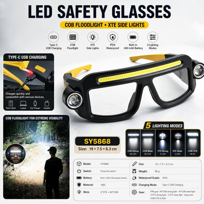 LED Glasses Light Rechargeable USB-C - Yellow Hands-Free COB and Dual XTE Headlamp, Lightweight IPX4 Wearable Work Light for Camping, Hiking, Repairs and Night Fishing