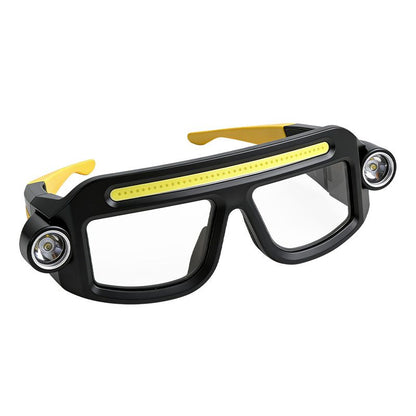 LED Glasses Light Rechargeable USB-C - Yellow Hands-Free COB and Dual XTE Headlamp, Lightweight IPX4 Wearable Work Light for Camping, Hiking, Repairs and Night Fishing
