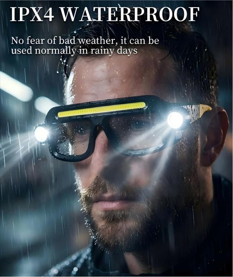 LED Glasses Light Rechargeable USB-C - Yellow Hands-Free COB and Dual XTE Headlamp, Lightweight IPX4 Wearable Work Light for Camping, Hiking, Repairs and Night Fishing