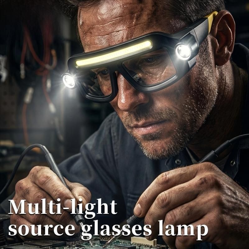 LED Glasses Light Rechargeable USB-C - Yellow Hands-Free COB and Dual XTE Headlamp, Lightweight IPX4 Wearable Work Light for Camping, Hiking, Repairs and Night Fishing