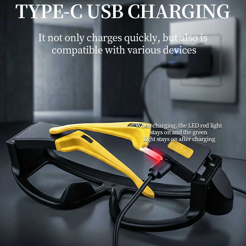 LED Glasses Light Rechargeable USB-C - Yellow Hands-Free COB and Dual XTE Headlamp, Lightweight IPX4 Wearable Work Light for Camping, Hiking, Repairs and Night Fishing