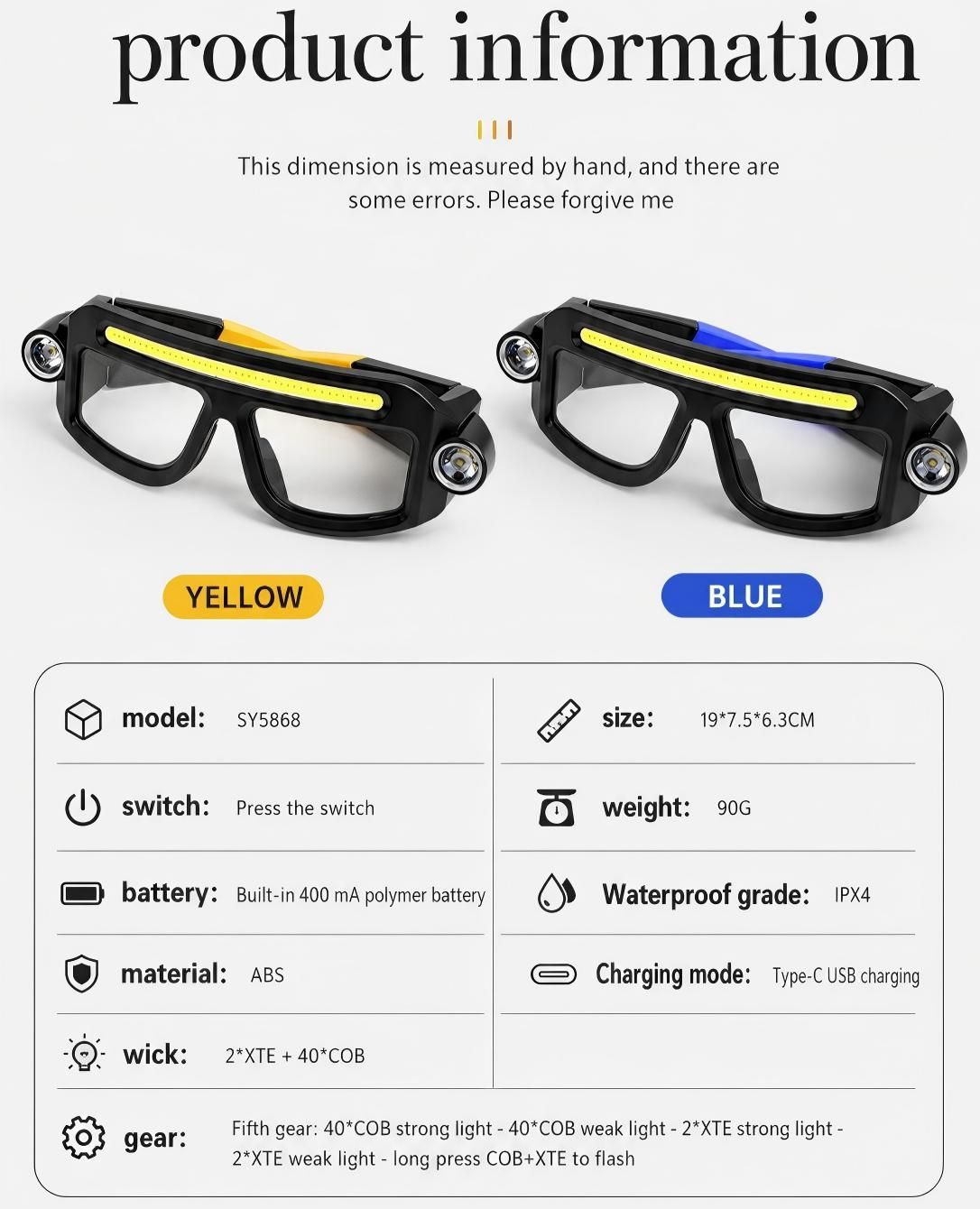 LED Glasses Light Rechargeable USB-C - Yellow Hands-Free COB and Dual XTE Headlamp, Lightweight IPX4 Wearable Work Light for Camping, Hiking, Repairs and Night Fishing