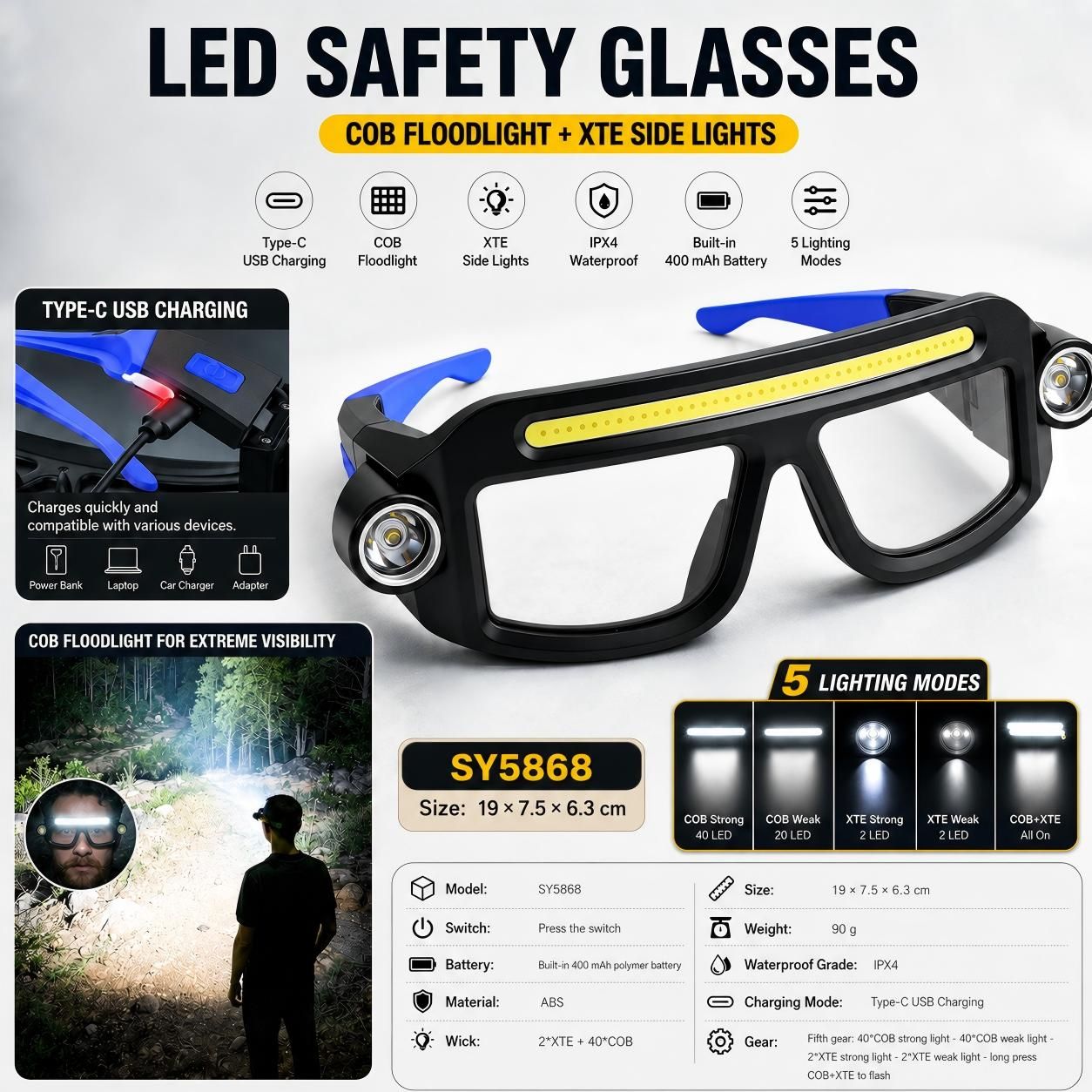 LED Glasses Light Rechargeable USB-C - Blue Hands-Free COB and Dual XTE Headlamp, Lightweight IPX4 Wearable Work Light for Camping, Hiking, Repairs and Night Fishing