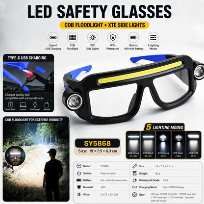 LED Glasses Light Rechargeable USB-C - Blue Hands-Free COB and Dual XTE Headlamp, Lightweight IPX4 Wearable Work Light for Camping, Hiking, Repairs and Night Fishing