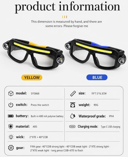 LED Glasses Light Rechargeable USB-C - Blue Hands-Free COB and Dual XTE Headlamp, Lightweight IPX4 Wearable Work Light for Camping, Hiking, Repairs and Night Fishing