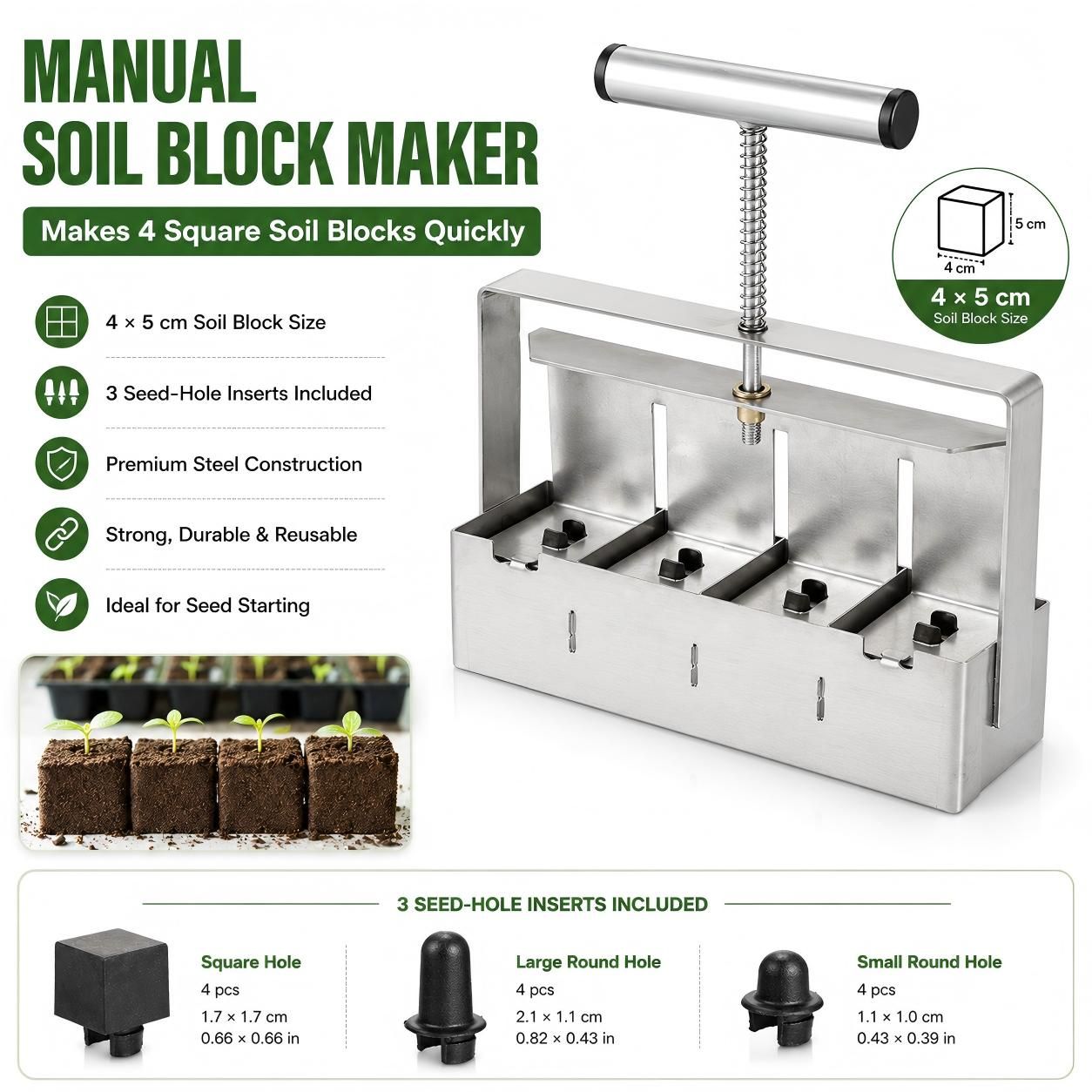 4 Cell Soil Blocker - Heavy Duty Steel Seedling Block Maker with 3 Seed Pin Sets, Reusable Hand Press for Seed Starting, Propagation and Home Gardening