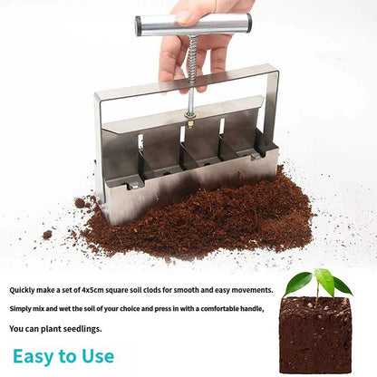 4 Cell Soil Blocker - Heavy Duty Steel Seedling Block Maker with 3 Seed Pin Sets, Reusable Hand Press for Seed Starting, Propagation and Home Gardening