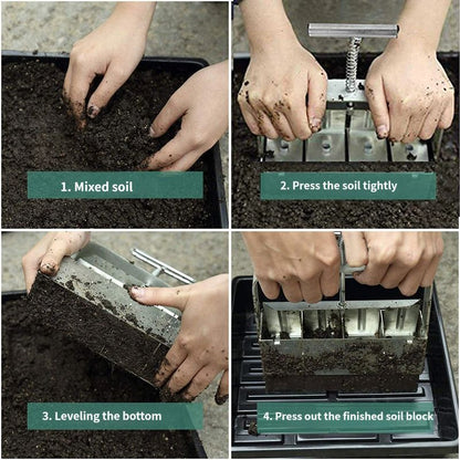 4 Cell Soil Blocker - Heavy Duty Steel Seedling Block Maker with 3 Seed Pin Sets, Reusable Hand Press for Seed Starting, Propagation and Home Gardening