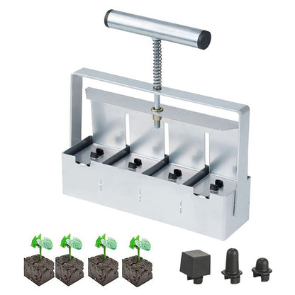 4 Cell Soil Blocker - Heavy Duty Steel Seedling Block Maker with 3 Seed Pin Sets, Reusable Hand Press for Seed Starting, Propagation and Home Gardening