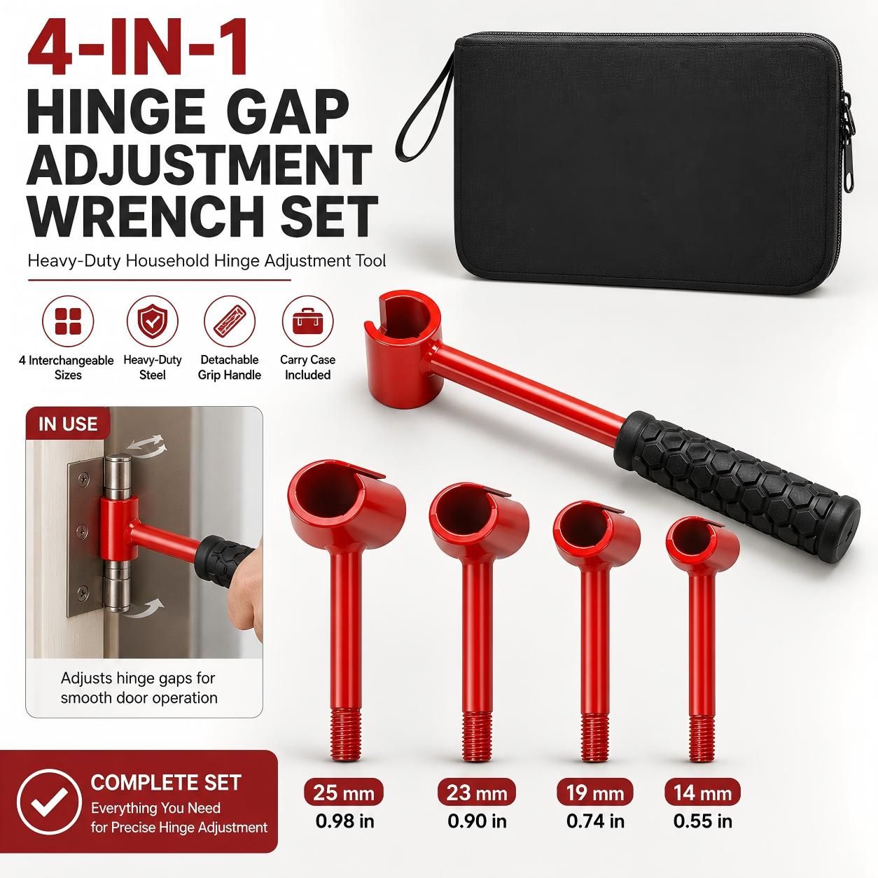 4 in 1 Door Hinge Adjustment Wrench Set - Heavy Duty Hinge Bender Tool with 14, 19, 23 and 25 mm Heads, Comfort Grip and Storage Pouch for Door Alignment