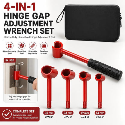 4 in 1 Door Hinge Adjustment Wrench Set - Heavy Duty Hinge Bender Tool with 14, 19, 23 and 25 mm Heads, Comfort Grip and Storage Pouch for Door Alignment