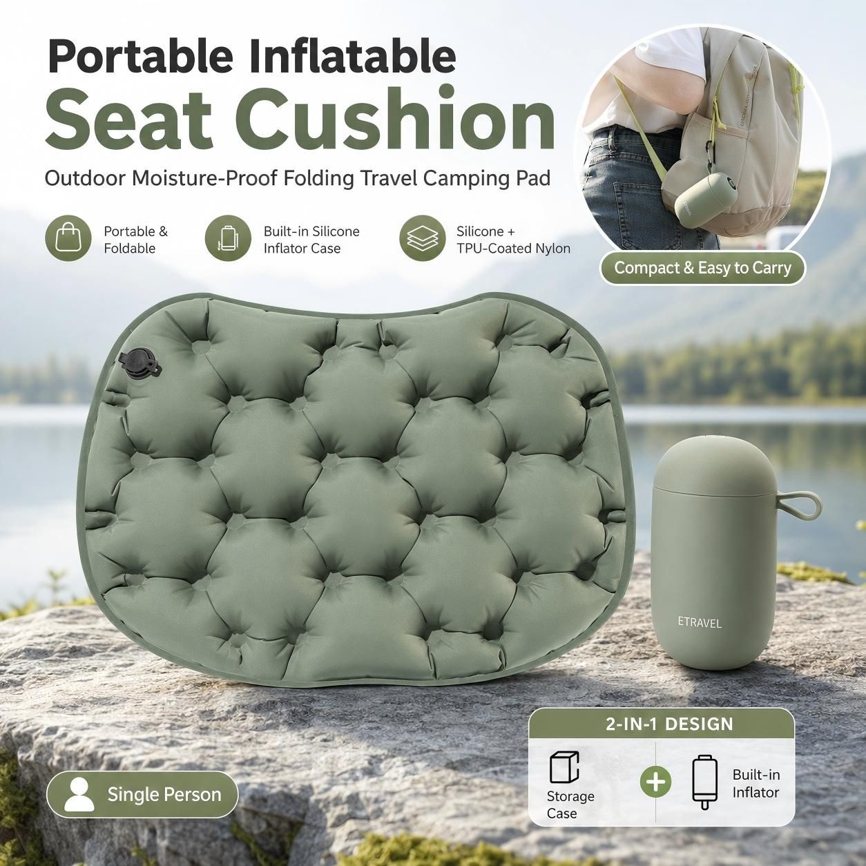 Inflatable Seat Cushion for Camping - Olive Green Portable Foldable Outdoor Sitting Pad with Integrated Inflation Storage Box, Moisture Resistant Travel Seat Mat