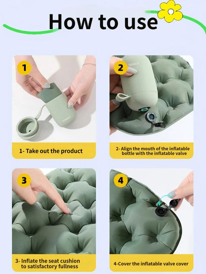 Inflatable Seat Cushion for Camping - Olive Green Portable Foldable Outdoor Sitting Pad with Integrated Inflation Storage Box, Moisture Resistant Travel Seat Mat