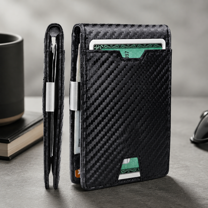 Men's Slim RFID Blocking Bifold Wallet - Synthetic Leather, Carbon Fibre Style, Money Clip, Minimalist Card and Cash Holder for Everyday Carry