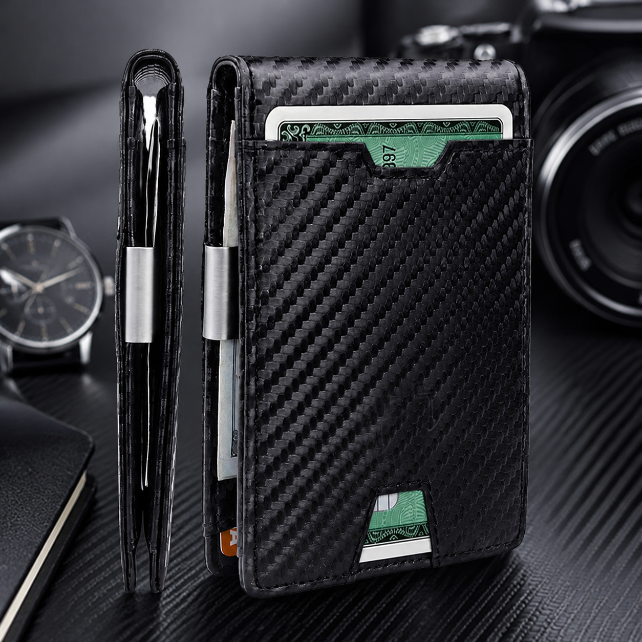 Men's Slim RFID Blocking Bifold Wallet - Synthetic Leather, Carbon Fibre Style, Money Clip, Minimalist Card and Cash Holder for Everyday Carry