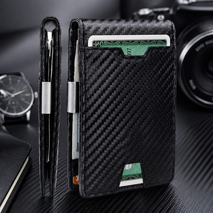 Men's Slim RFID Blocking Bifold Wallet - Synthetic Leather, Carbon Fibre Style, Money Clip, Minimalist Card and Cash Holder for Everyday Carry
