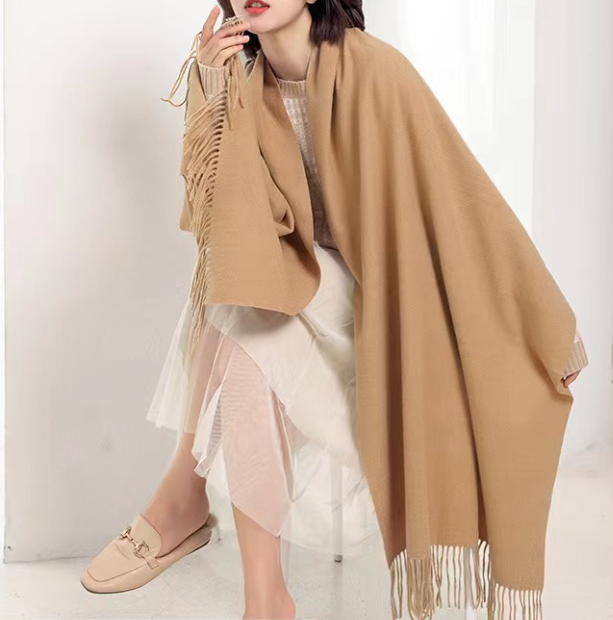 Sky Blue 2 PCS Skin Red Solid Color Scarf Shawl with Tassels - Warm Korean Style Wrap (180cm x 70cm)