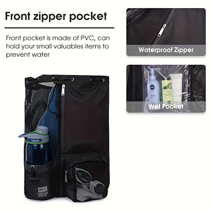 Blue Mesh Drawstring Swim Backpack with Wet Bag - Durable Beach Gym Bag for Wet Gear