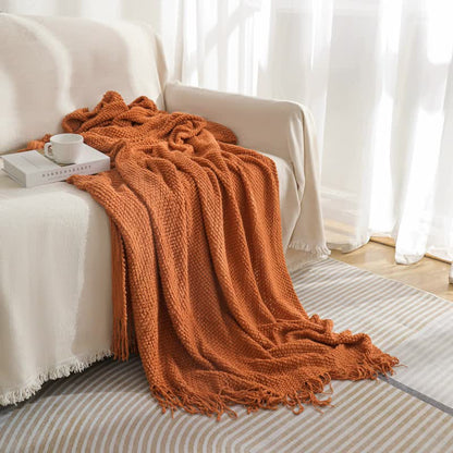 Orange Premium Woven Knitted Throw Blanket with Tassels | Soft, Cozy Sofa & Bed Blanket, Perfect for Office or Afternoon Naps 127x172cm